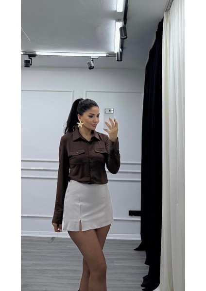 Gri Rahat Kalıp Krep Kumaş Önden Yırtmaçlı Şort Etek fiyatları