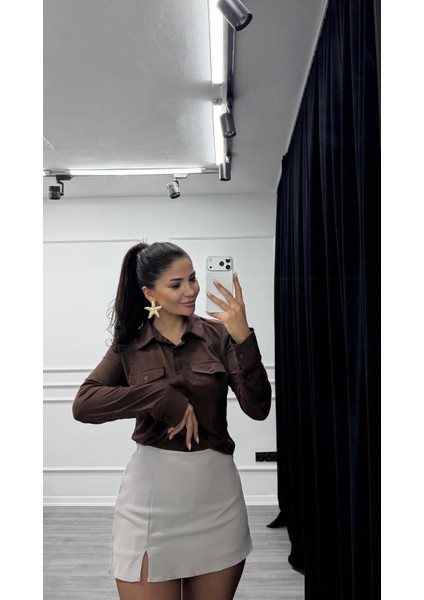 Gri Rahat Kalıp Krep Kumaş Önden Yırtmaçlı Şort Etek modelleri