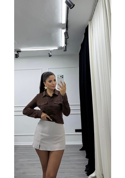 Gri Rahat Kalıp Krep Kumaş Önden Yırtmaçlı Şort Etek fırsatları