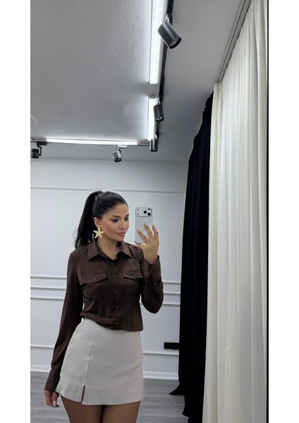 Gri Rahat Kalıp Krep Kumaş Önden Yırtmaçlı Şort Etek indirimleri