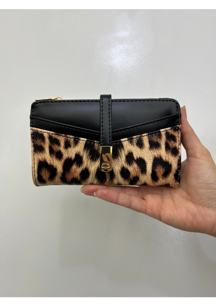 Siyah Krem Leopar Desenli Deri Kadın Cüzdan El Çantası Gold Detaylı fiyatları