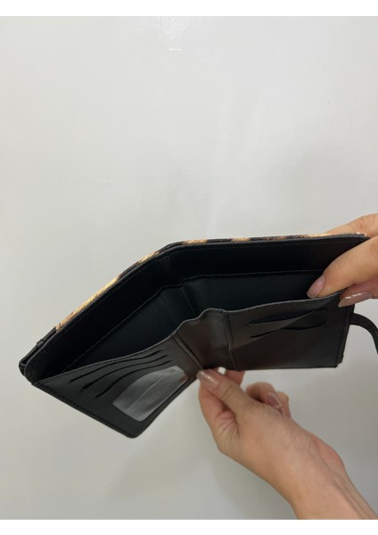 Siyah Krem Leopar Desenli Deri Kadın Cüzdan El Çantası Gold Detaylı fırsatları