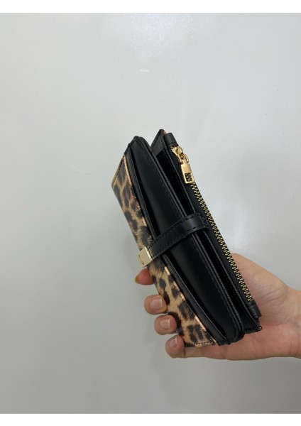 Siyah Krem Leopar Desenli Deri Kadın Cüzdan El Çantası Gold Detaylı indirimleri