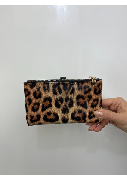 Siyah Krem Leopar Desenli Deri Kadın Cüzdan El Çantası Gold Detaylı