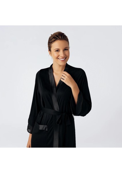 Laura Şifon Saten Detaylı Viskoz Sabahlık - Siyah / Xl fiyatları