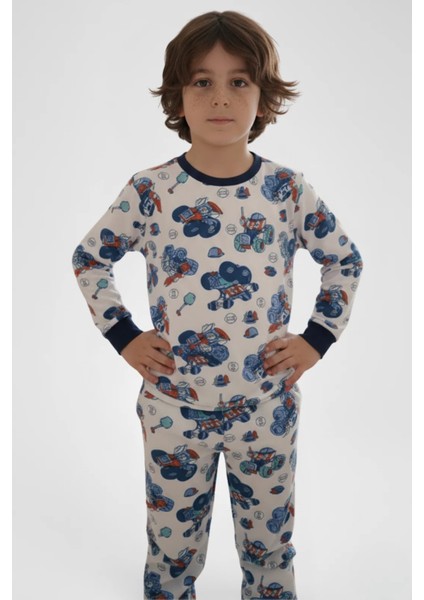 Traktör Iş Makinası Desenli Erkek Çocuk Pijama Takımı - Pamuklu Interlok Kumaş