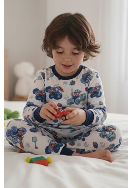 Traktör Iş Makinası Desenli Erkek Çocuk Pijama Takımı - Pamuklu Interlok Kumaş fiyatları