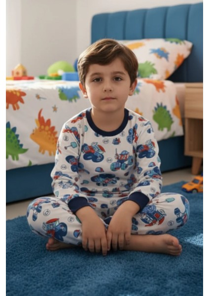 Traktör Iş Makinası Desenli Erkek Çocuk Pijama Takımı - Pamuklu Interlok Kumaş fırsatları