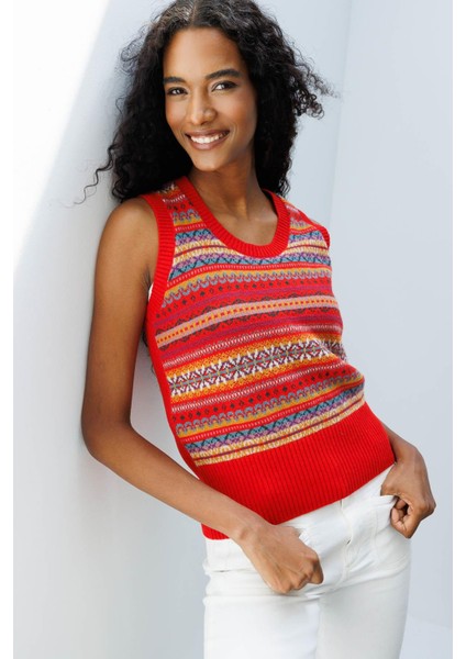 Kadın Sıfır Yaka Önü Jakarlı Yün Süveter Mercan