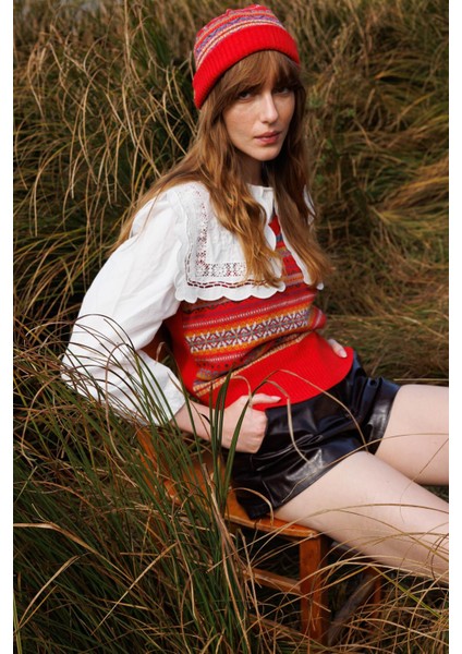 Kadın Sıfır Yaka Önü Jakarlı Yün Süveter Mercan fiyatları