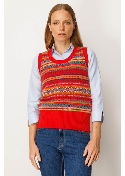 Kadın Sıfır Yaka Önü Jakarlı Yün Süveter Mercan