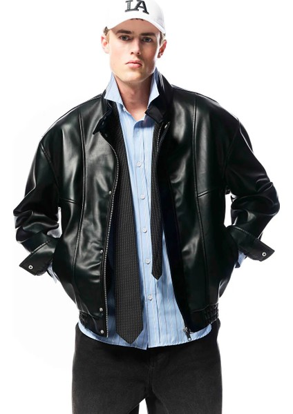 Xsıde Siyah Rahat Kalıp Dik Yaka Erkek Deri Görünümlü Ceket