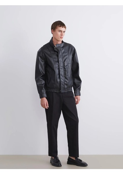 Xsıde Siyah Rahat Kalıp Dik Yaka Erkek Deri Görünümlü Ceket modelleri