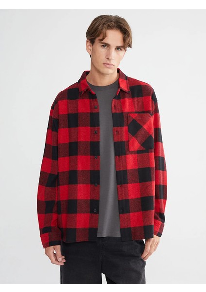 Xsıde Kırmızı Rahat Kalıp Uzun Kollu Ekose Erkek Oduncu Gömlek Ceket