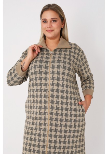 Desenli Fermuarlı Jakarlı Balıkçı Yaka Cepli Truvakar Kollu Kadın Büyük Beden Elbise fiyatları
