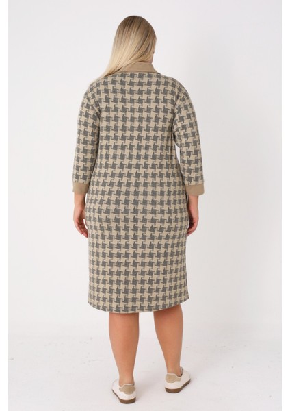 Desenli Fermuarlı Jakarlı Balıkçı Yaka Cepli Truvakar Kollu Kadın Büyük Beden Elbise fırsatları