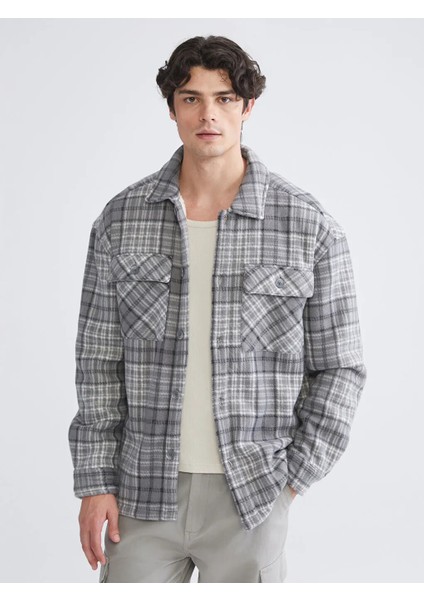 Xsıde Gri Rahat Kalıp Ekose Polar Erkek Gömlek Ceket