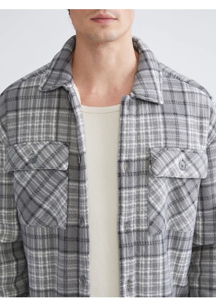 Xsıde Gri Rahat Kalıp Ekose Polar Erkek Gömlek Ceket modelleri