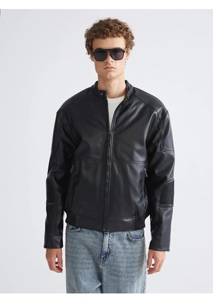 Xsıde Siyah Rahat Kalıp Biker Yaka Erkek Deri Görünümlü Ceket