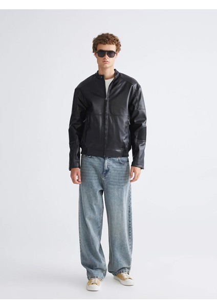 Xsıde Siyah Rahat Kalıp Biker Yaka Erkek Deri Görünümlü Ceket fiyatları