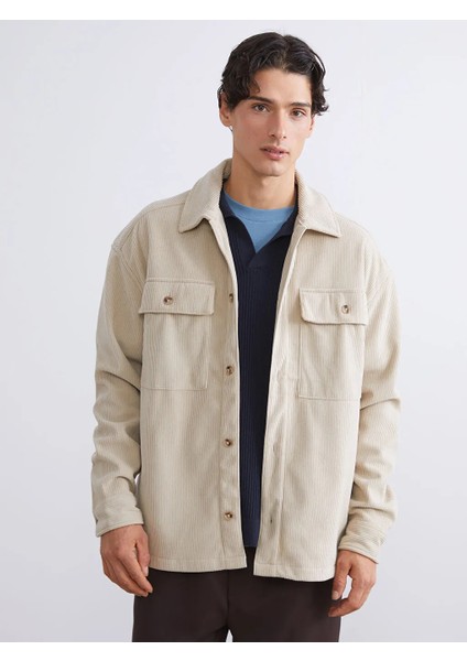 Xsıde Bej Rahat Kalıp Uzun Kollu Kadife Erkek Gömlek Ceket