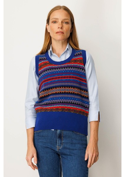 Kadın Sıfır Yaka Önü Jakarlı Yün Süveter K.s.mavi