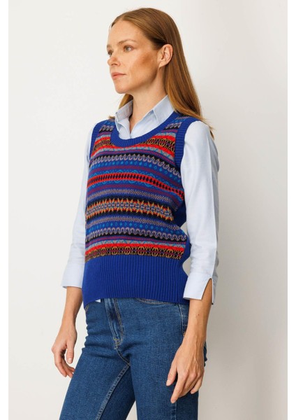 Kadın Sıfır Yaka Önü Jakarlı Yün Süveter K.s.mavi fiyatları