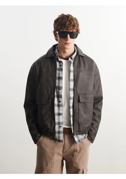 Xsıde Kahverengi Standart Kalıp Gömlek Yaka Erkek Deri Görünümlü Ceket