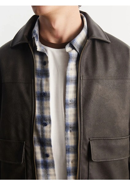 Xsıde Kahverengi Standart Kalıp Gömlek Yaka Erkek Deri Görünümlü Ceket modelleri