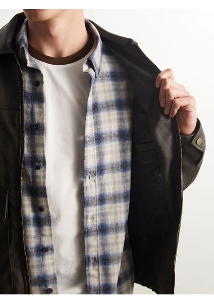 Xsıde Kahverengi Standart Kalıp Gömlek Yaka Erkek Deri Görünümlü Ceket fırsatları