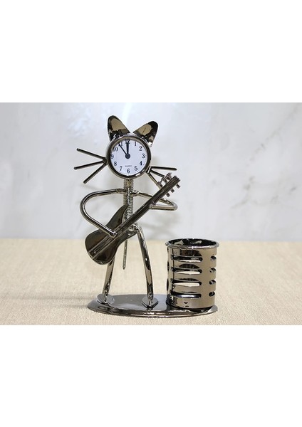 Metal Gitar Çalan Müzisyen Kedi Saat ve Kalemlik