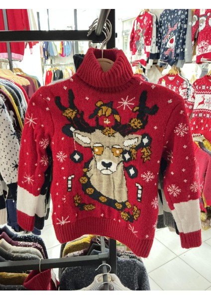 Yılbaşı Cool Geyik Temalı Çocuk Boğazlı Triko Kazak fiyatları