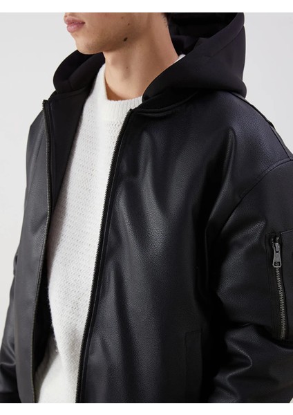 Xsıde Siyah Standart Kalıp Kapüşonlu Erkek Deri Görünümlü Ceket modelleri