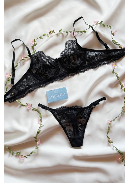 Siyah Kapsız Toparlayıcı Balenli Dantelli Sütyen Takımı