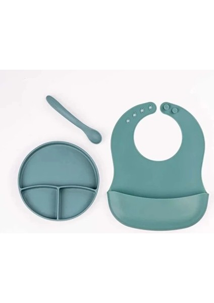 Yeşil 3’lü Silikon Yemek Seti – Önlük + Diş Kaşıyıcılı Kaşık + Vakumlu Tabak