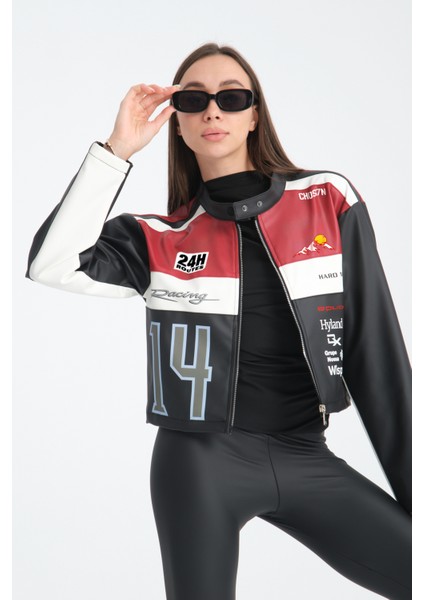 Kadın Oversize Baskılı Deri Şeritli Motorcu Montu Garnili Fermuarlı Yarışçı Ceketi Bomber Kolej Mont fiyatları