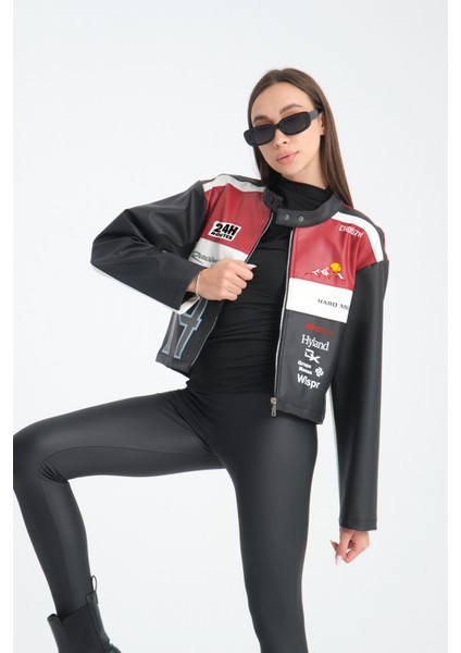 Kadın Oversize Baskılı Deri Şeritli Motorcu Montu Garnili Fermuarlı Yarışçı Ceketi Bomber Kolej Mont modelleri