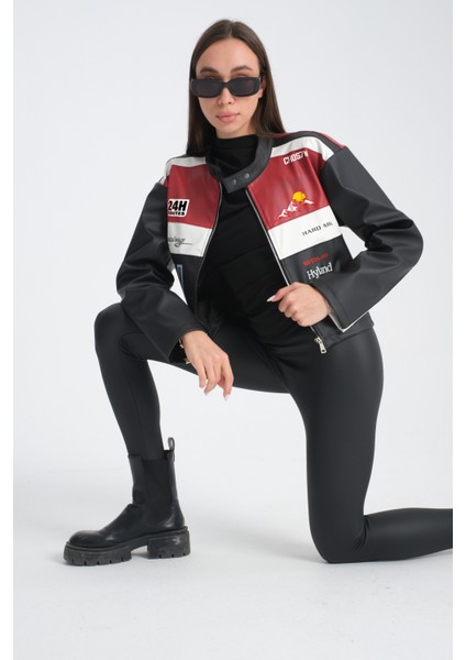 Kadın Oversize Baskılı Deri Şeritli Motorcu Montu Garnili Fermuarlı Yarışçı Ceketi Bomber Kolej Mont fırsatları