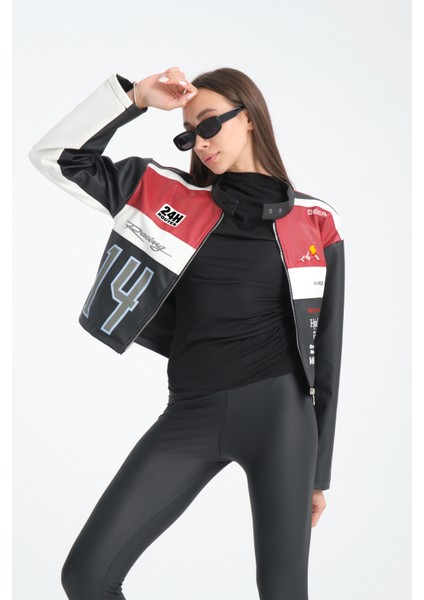 Kadın Oversize Baskılı Deri Şeritli Motorcu Montu Garnili Fermuarlı Yarışçı Ceketi Bomber Kolej Mont indirimleri