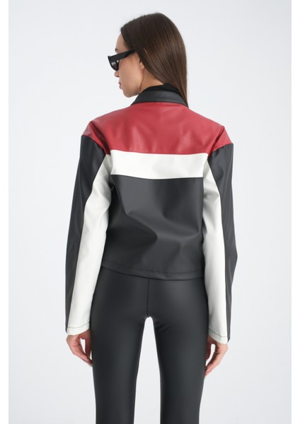 Kadın Oversize Baskılı Deri Şeritli Motorcu Montu Garnili Fermuarlı Yarışçı Ceketi Bomber Kolej Mont