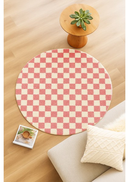 Dama Desenli Daire Yuvarlak Halı Kaymaz Lateks Tabanlı Yıkanabilir Chess Koleksiyonu