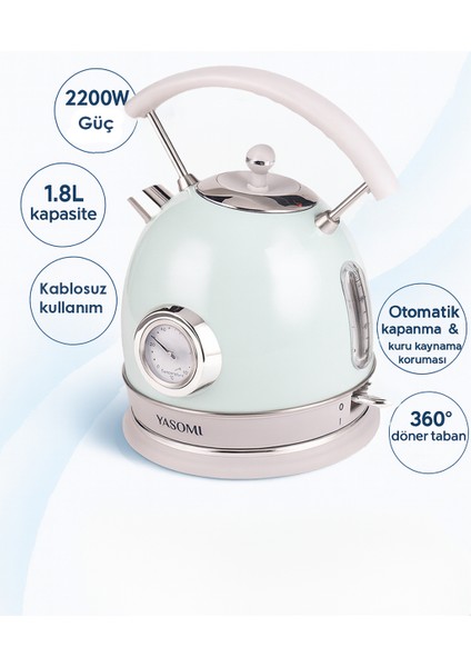 YK-823NTSL 2200W 360° Döner Taban Kablosuz Kullanım Retro Su Isıtıcı Kettle