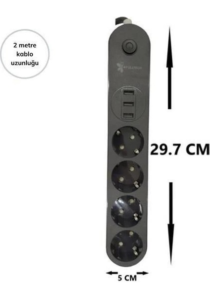 4lü Siyah Anahtarlı 3 USB Li Akım Korumalı Topraklı Çocuk Korumalı Grup Priz 2 Metre modelleri