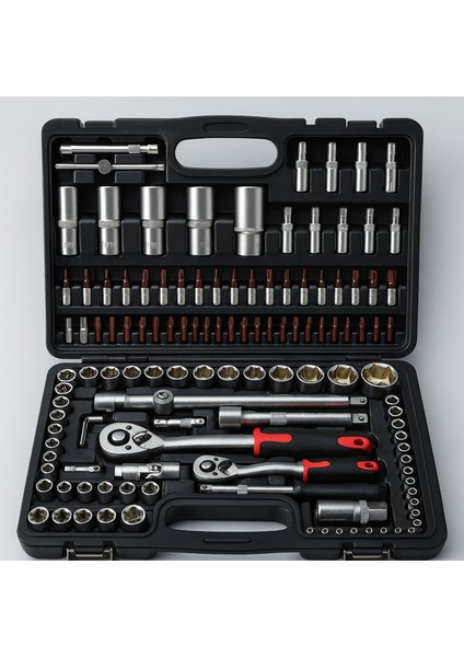 Lokma Seti 108 Parça 1/2'' 1/4'' Cr-V Çelik 6 Köşe Lokma Anahtar Takımı Profosyonel Tamir Seti