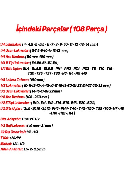 Lokma Seti 108 Parça 1/2'' 1/4'' Cr-V Çelik 6 Köşe Lokma Anahtar Takımı Profosyonel Tamir Seti fiyatları