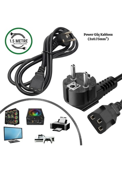 Gabble 1.5 Metre Standart Power Kablosu Pc Bilgisayar Monitör Yazıcı Güç Kablosu 3 Pin Iec C13 Kasa Elektrik Bağlantı Kablosu