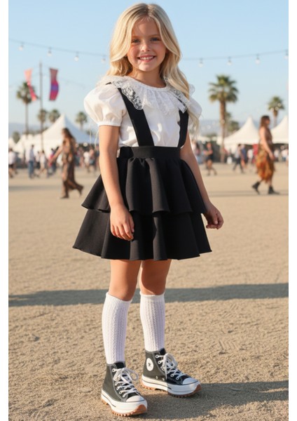 Kız Çocuk Helen Siyah Askılı Kat Kat Bağlama Jile Elbise Dantel Detay Ekru Kısa Kollu Bluz Takım TKM-0181.2