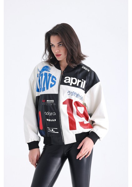 Kadın Oversize Baskılı Deri Motorcu Montu Fermuarlı Yarışçı Ceket Astarlı Bomber Kolej Mont