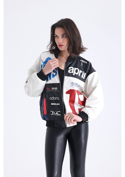 Kadın Oversize Baskılı Deri Motorcu Montu Fermuarlı Yarışçı Ceket Astarlı Bomber Kolej Mont fiyatları