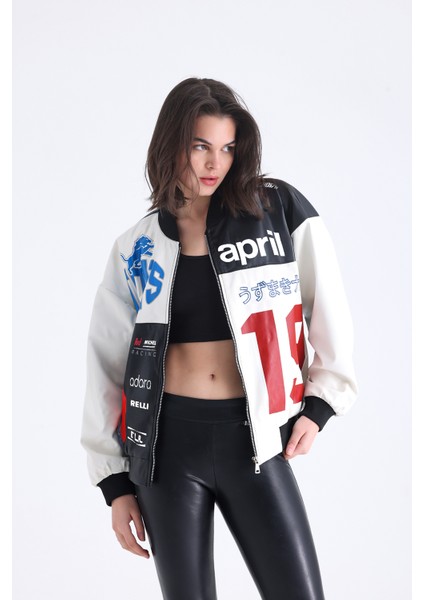 Kadın Oversize Baskılı Deri Motorcu Montu Fermuarlı Yarışçı Ceket Astarlı Bomber Kolej Mont fırsatları